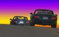 Miatas driving into the sunset.